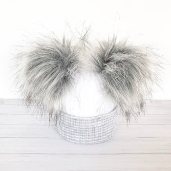 My First Double Fur Pom Hat - Grey & White