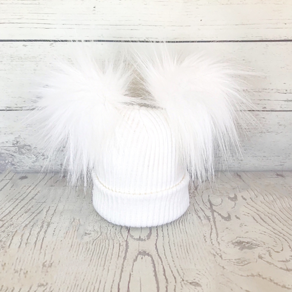 My First Double Fur Pom Hat - White