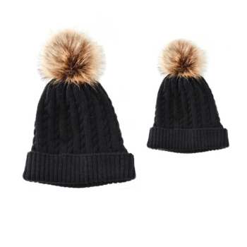 Baby & Me Faux Fur Pom Hat Set - Black/Brown