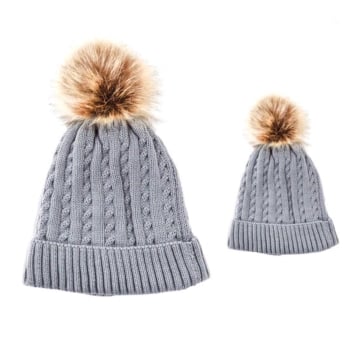 Baby & Me Faux Fur Pom Hat Set - Grey/Brown