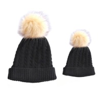 Baby & Me Faux Fur Pom Hat Set - Black/Cream