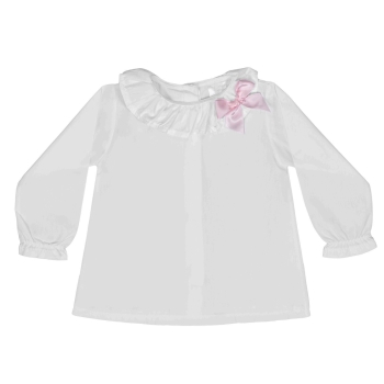Soft Cotton Frill Neck Blouse With Bow - White/Pink
