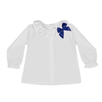 Soft Cotton Frill Neck Blouse With Bow - White/Navy