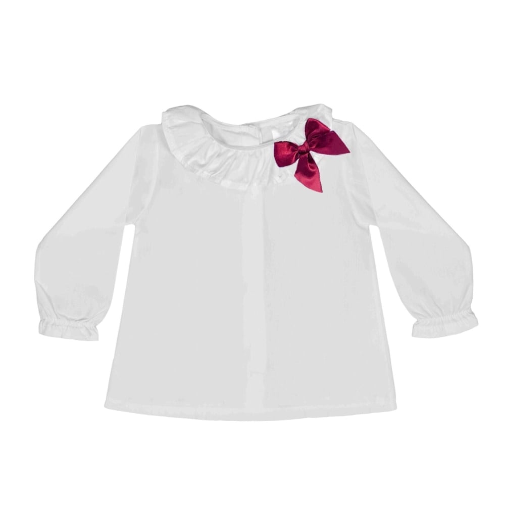 Soft Cotton Frill Neck Blouse With Bow - White/Ruby