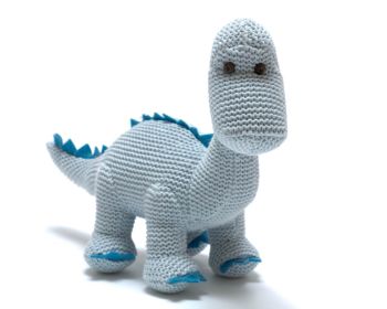 Organic Knitted Baby Dino Rattle - Blue