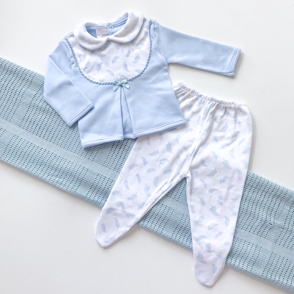 Little Feather Collared Top & Pants Set - Blue