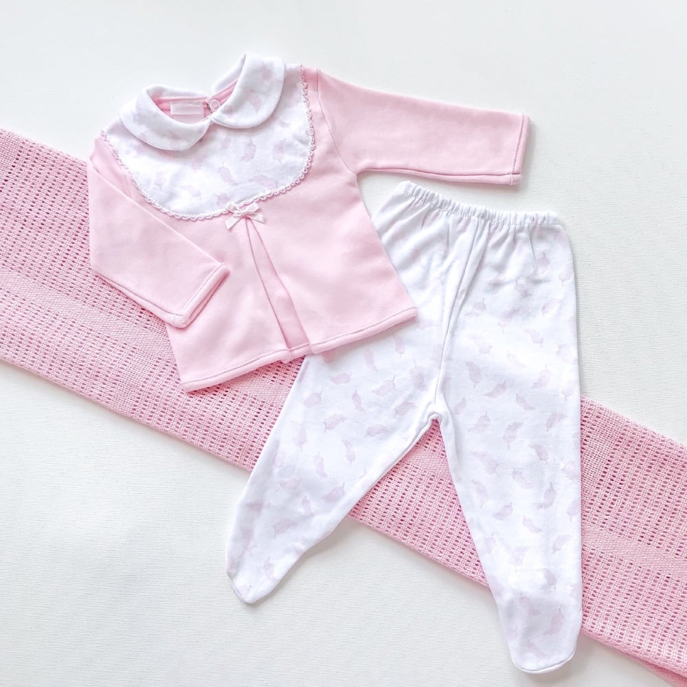 Little Feather Collared Top & Pants Set - Pink