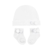 Double Pom Pom Cotton Hat & Socks Set - White