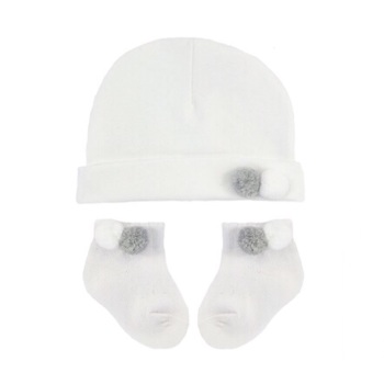 Double Pom Pom Cotton Hat & Socks Set - White/Grey