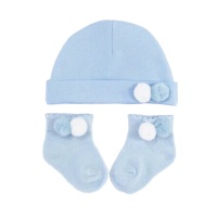 Double Pom Pom Cotton Hat & Socks Set - Blue/White