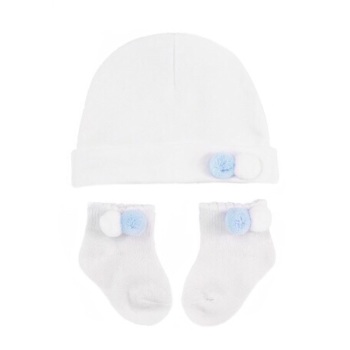 Double Pom Pom Cotton Hat & Socks Set - White/Blue