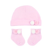 Double Pom Pom Cotton Hat & Socks Set - Pink/White