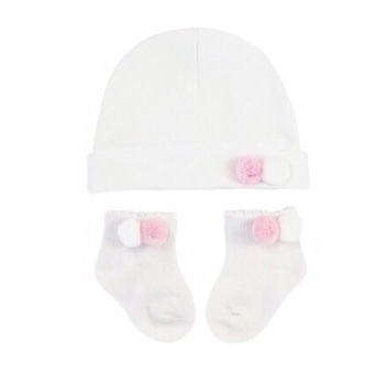 Double Pom Pom Cotton Hat & Socks Set - White/Pink