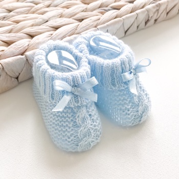 Cable Knit Booties With Bow - Blue