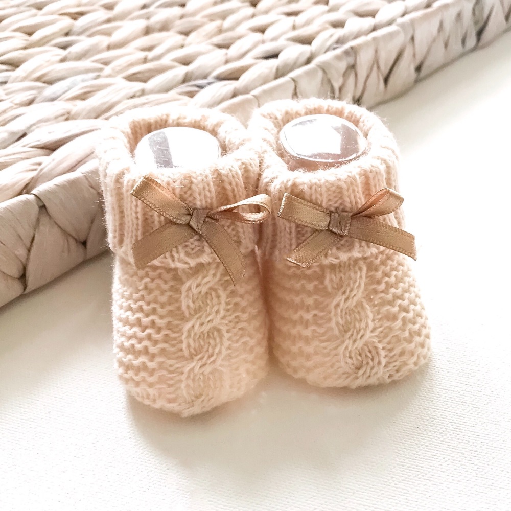 Cable Knit Booties With Bow - Beige