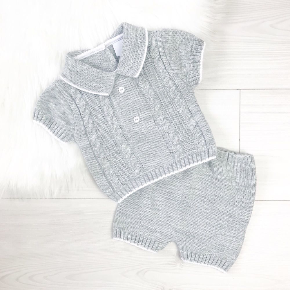 Archer Knitted Polo Top & Shorts Set - Grey