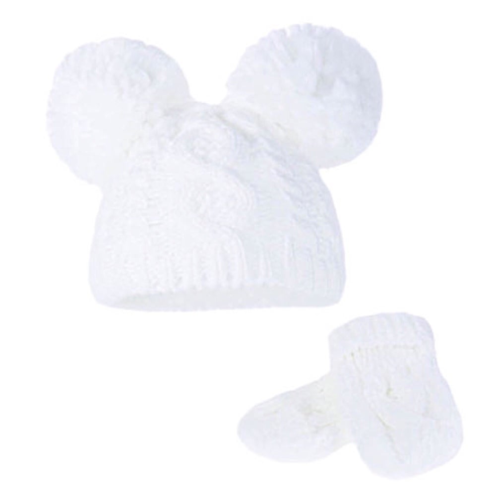 Double Pom Pom Hat & Mittens Set - White