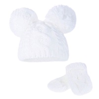 Double Pom Pom Hat & Mittens Set - White