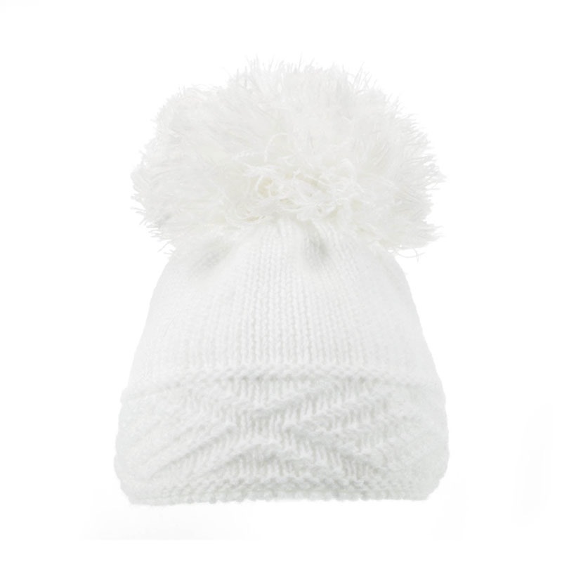 Large Argyle Knit Pom Pom Hat - White