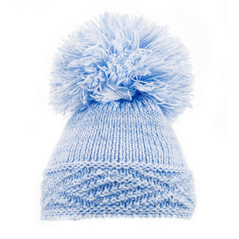 Large Argyle Knit Pom Pom Hat - Blue