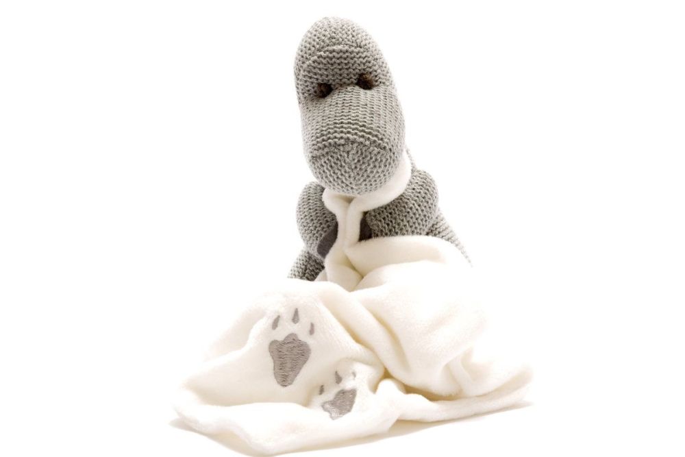 Knitted Baby Dino With Comforter - Grey