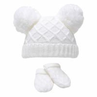 Diamond Knit Double Pom Hat & Mittens Set - White