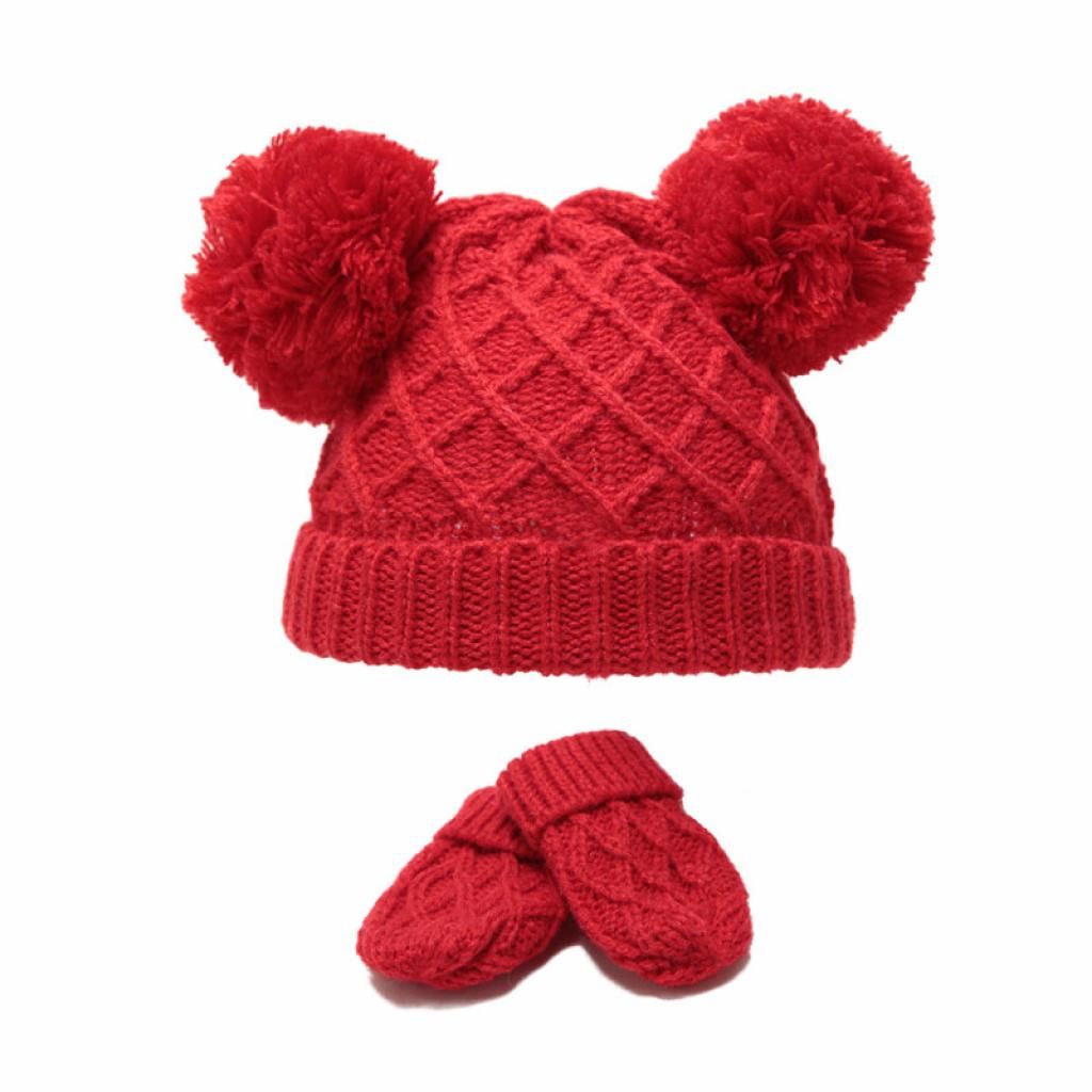 Diamond Knit Double Pom Hat & Mittens Set - Red