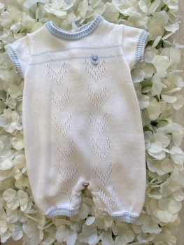 Pex White Knitted All In One Blue Trim Button Detailed Romper
