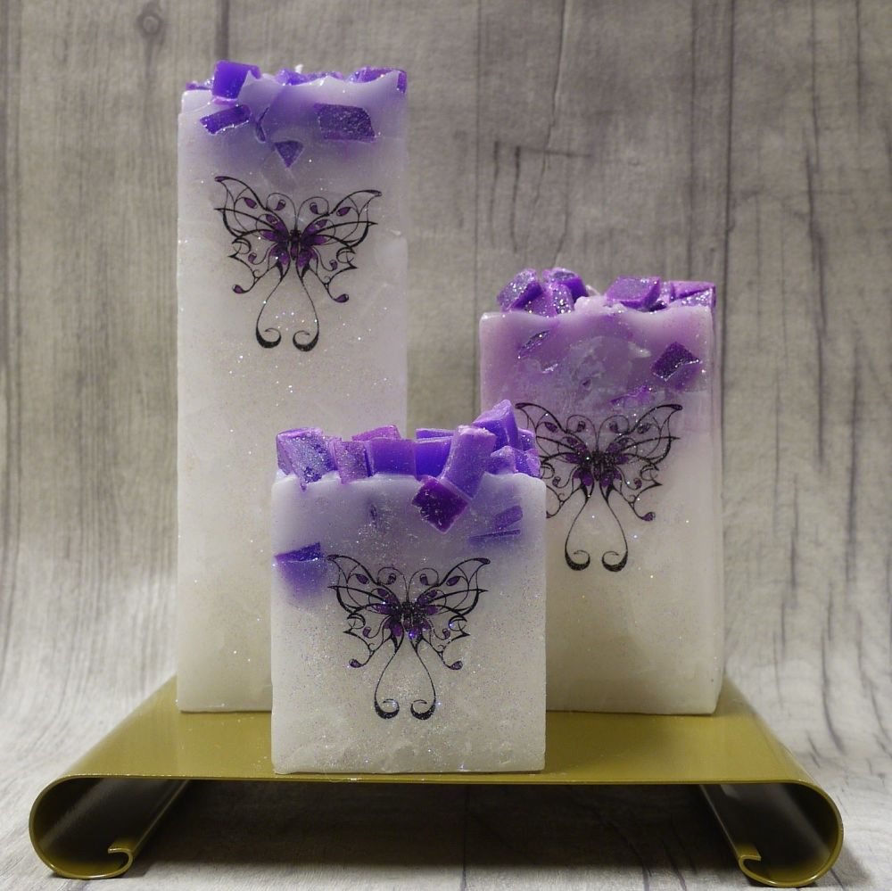 Full set of Purple square colour topped pillar candles