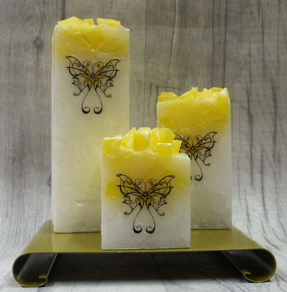 Full set of Yellow square colour topped pillar candles