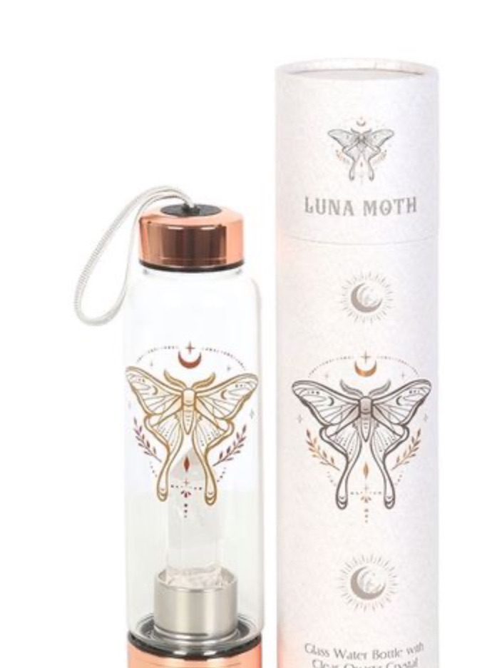 LUNA MOTH GLASS WATER BOTTLE WITH CLEAR QUARTZ