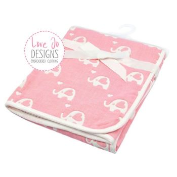 Cotton Elephant White/Pink Embroidered Baby Blanket