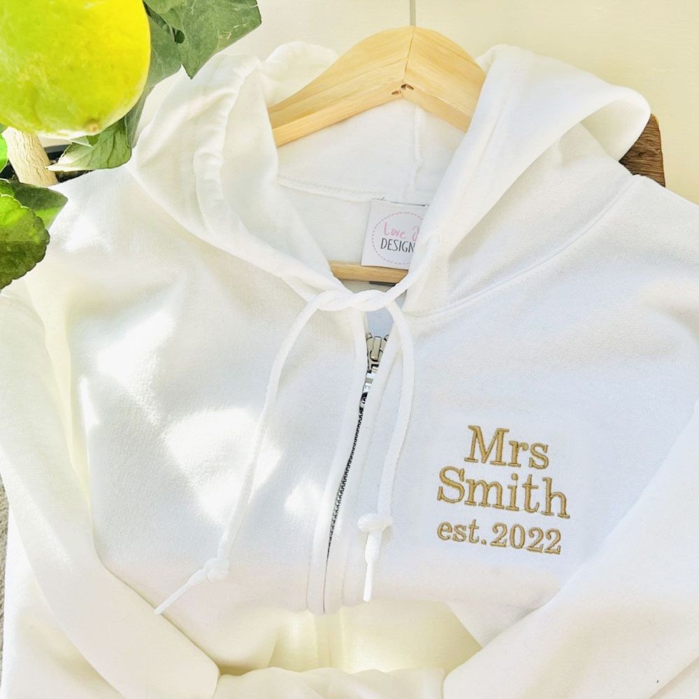 <!-- 001 --> Personalised Mrs Wedding Embroidered Zip Hoodie