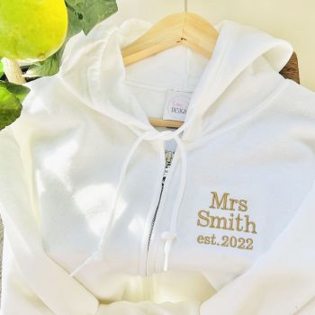 Personalised Mrs Wedding Embroidered Zip Hoodie