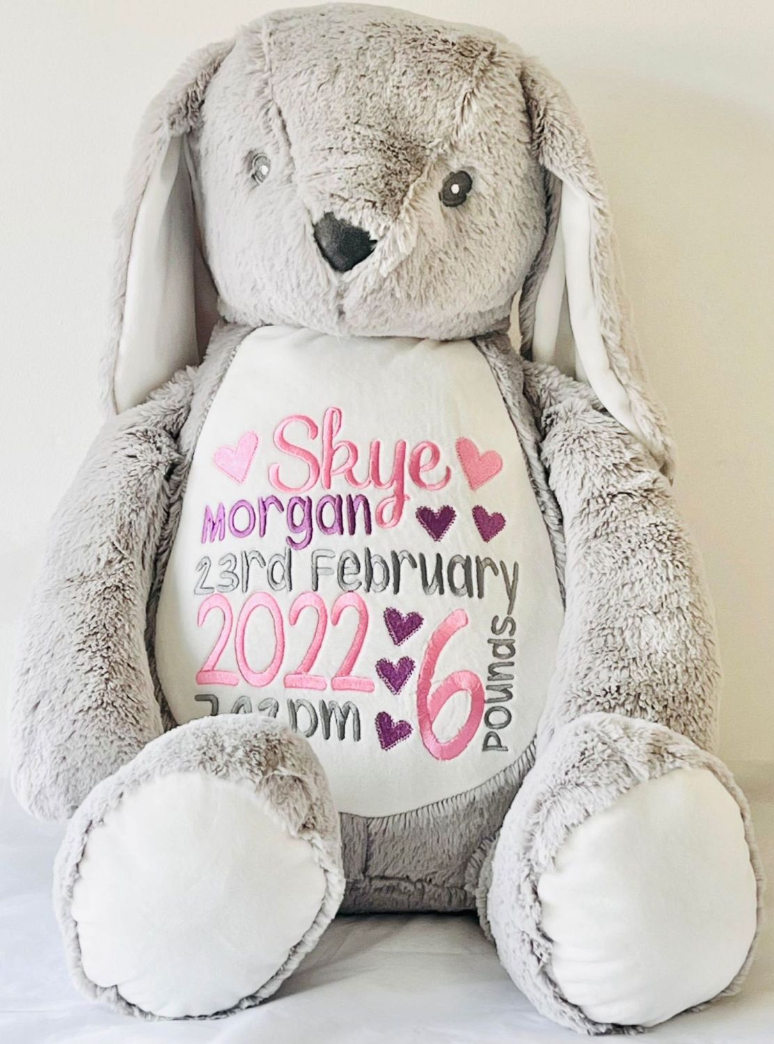 <!-- 001--> Giant Embroidered Grey Bunny Teddy Bear