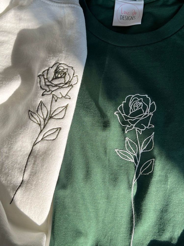 <!-- 001 --> Single Rose- Organic Embroidered  T-shirt