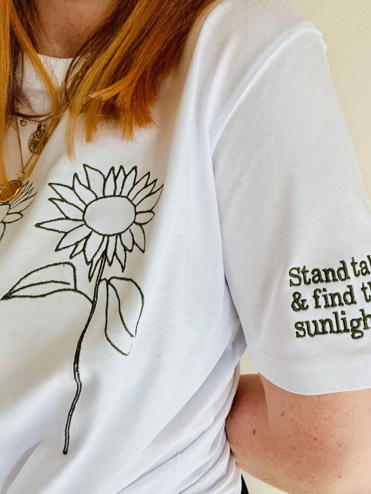 <!-- 001 -->  Sunflower Trio - Stand Tall - Organic Embroidered  T-shirt