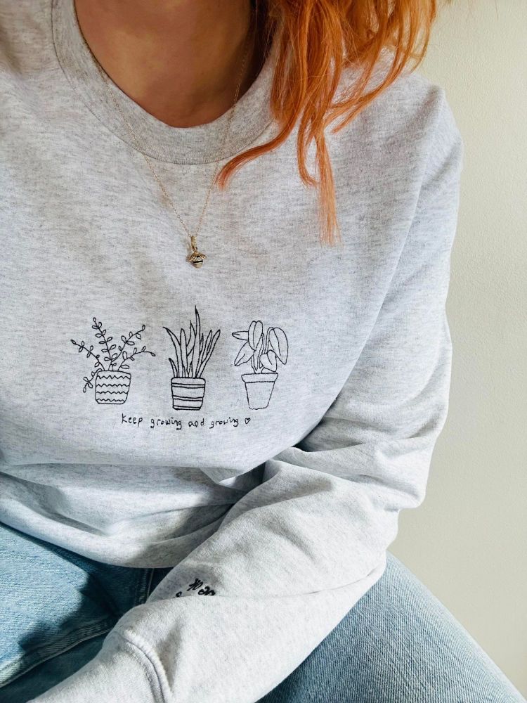<!-- 001 --> Keep Growing and growing - Trio of plants- Embroidered Sweater