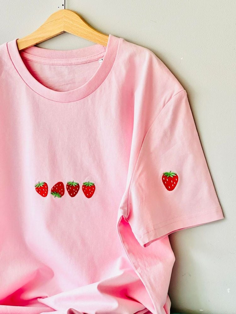 <!-- 002 --> Embroidered Strawberries T-shirt
