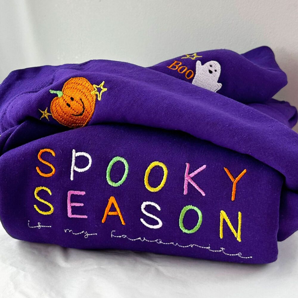 <!-- 001 -->  Spooky Season Pumpkin/Ghost Sleeve- Embroidered  Sweatshirt
