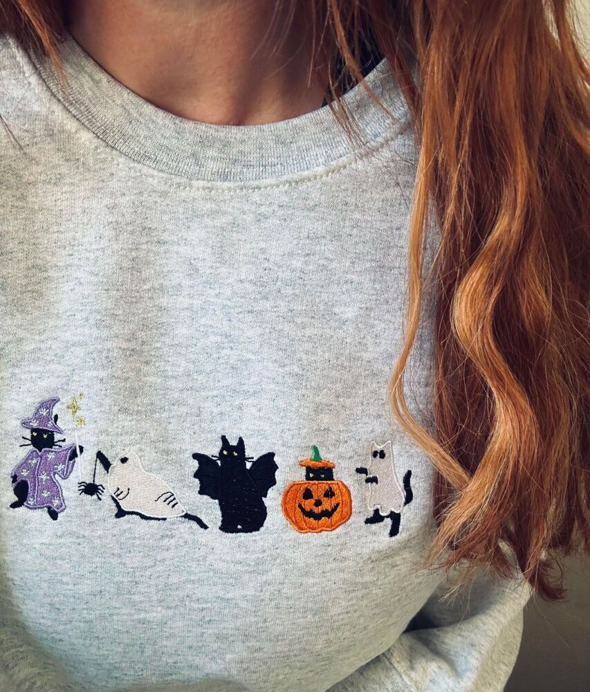 <!-- 001 -->  Halloween Cats Embroidered  Sweatshirt