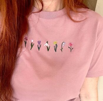  Springtime Miniature Florals Embroidered Organic Cotton T-shirt