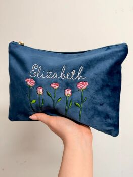 Personalised Velvet Embroidered Roses Make Up Bag