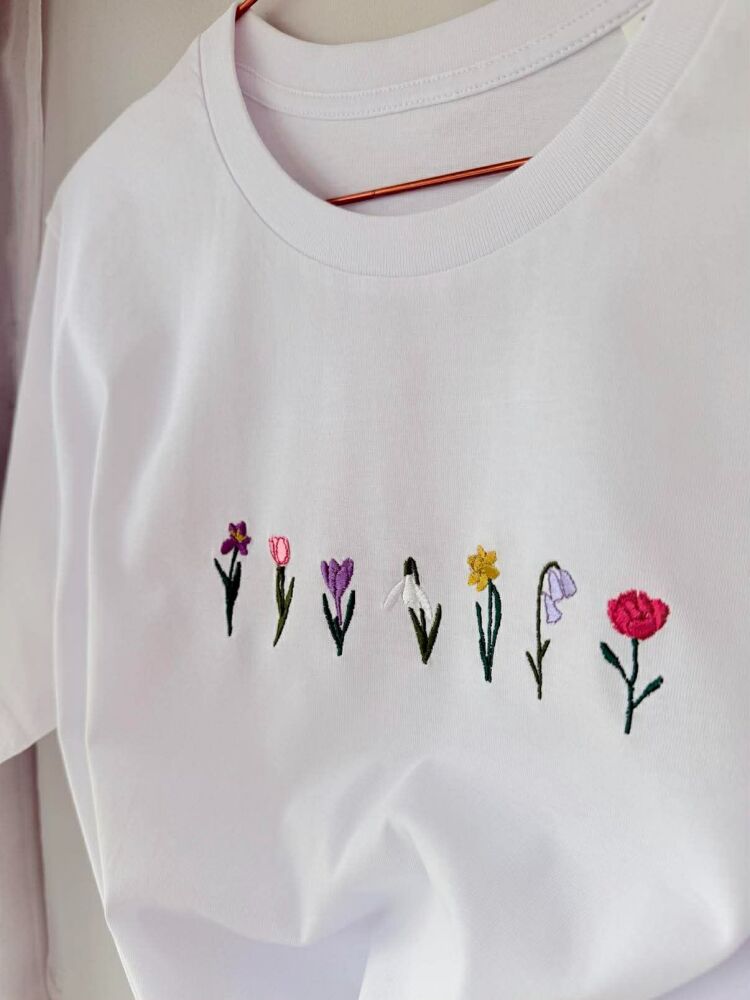 <!-- 001 --> Springtime Miniature Florals Embroidered Organic Cotton T-shir