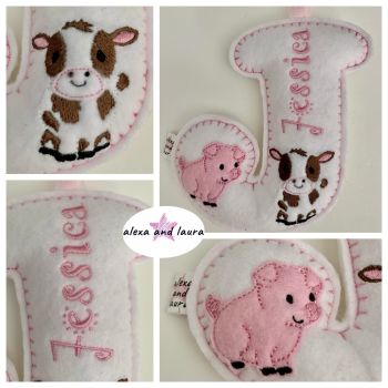 Farm Theme - Personalised Hanging Felt Stuffed Embroidered Single Letter 