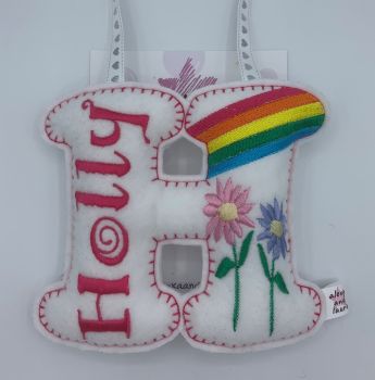 Rainbow & Flowers Theme - Personalised Hanging Felt Stuffed Embroidered Single Letter 