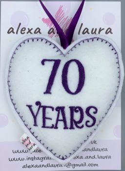 Jubilee Heart - 70 Years in White with Purple Stitching.