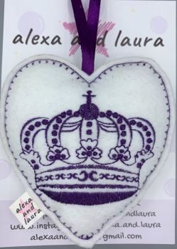 Jubilee Heart - Crown in White with Purple Stitching.