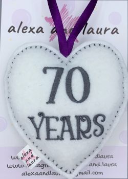 Jubilee Heart - 70 Years in White with Grey Stitching.