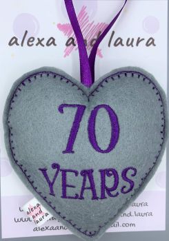 Jubilee Heart - 70 Years in Grey with Purple Stitching.